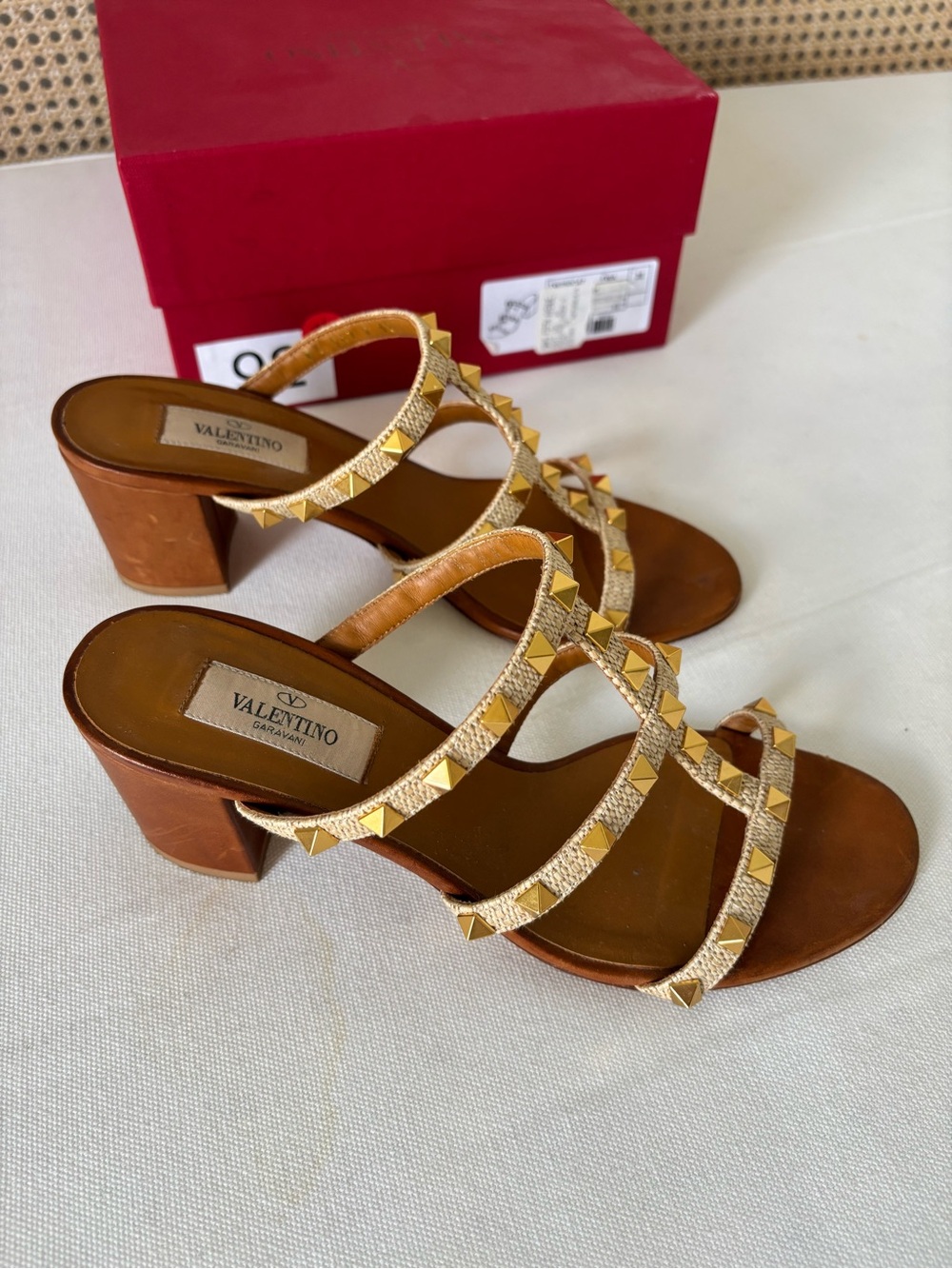 Valentino Gold and Tan Pyramid-Stud Strappy Block Heel Sandals